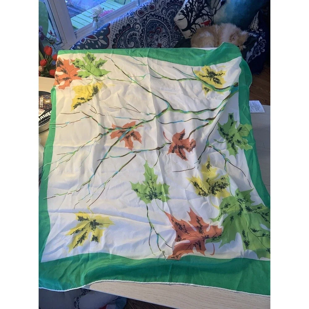 Vtg Fall Leaves Chiffon Square Scarf Hand rolled/sewn Edges 31